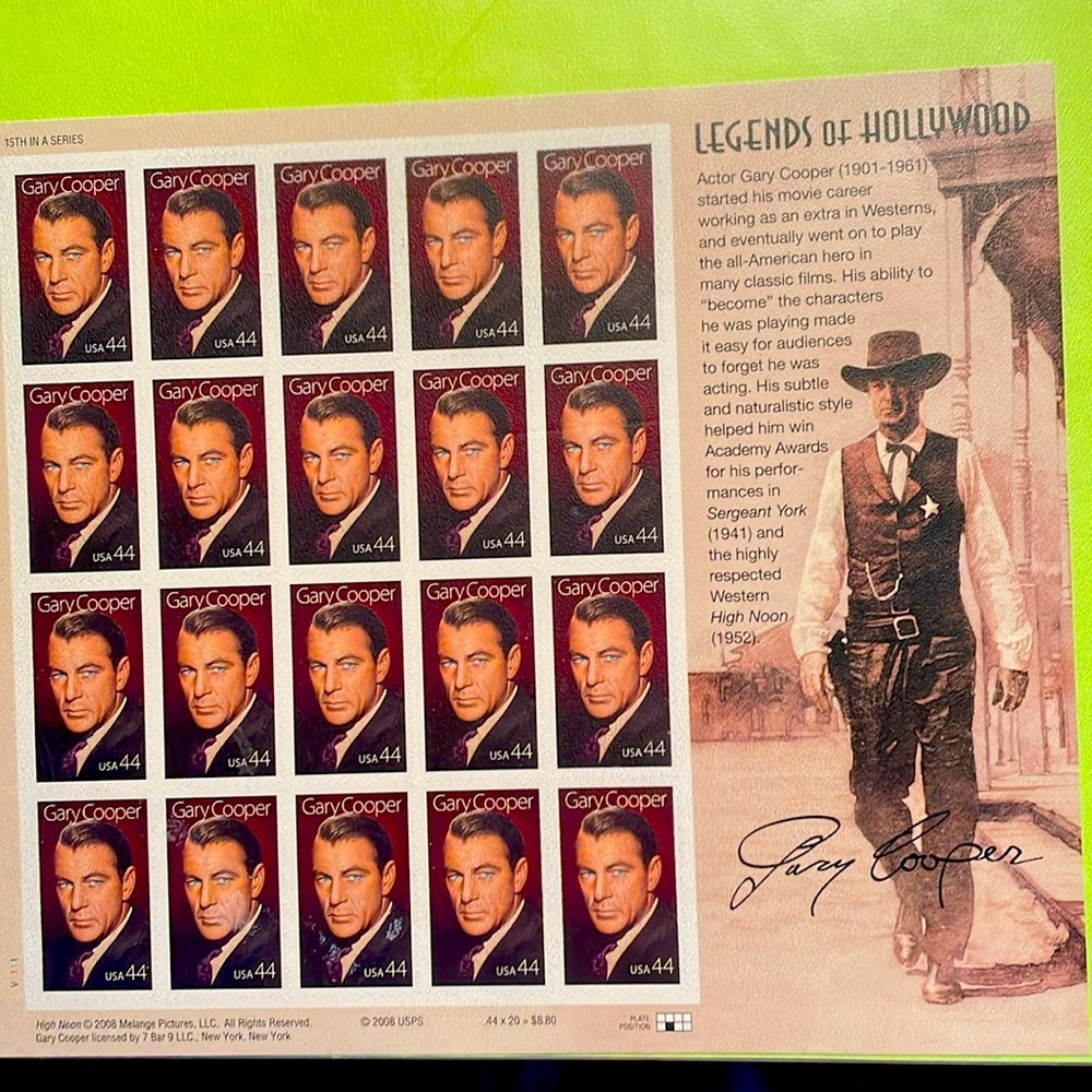 Gary Cooper “Legends of Hollywood” stamps.